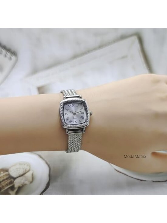 Women\'s Square Quartz Watch Vintage Roman Numeral Dial Twisted Bezel Stainless
